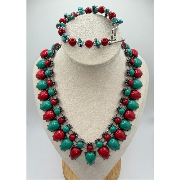 Other Jewelry - Southwest Statement Necklace Set | Turquoise Coral Style Bib Necklace + Bracelet
